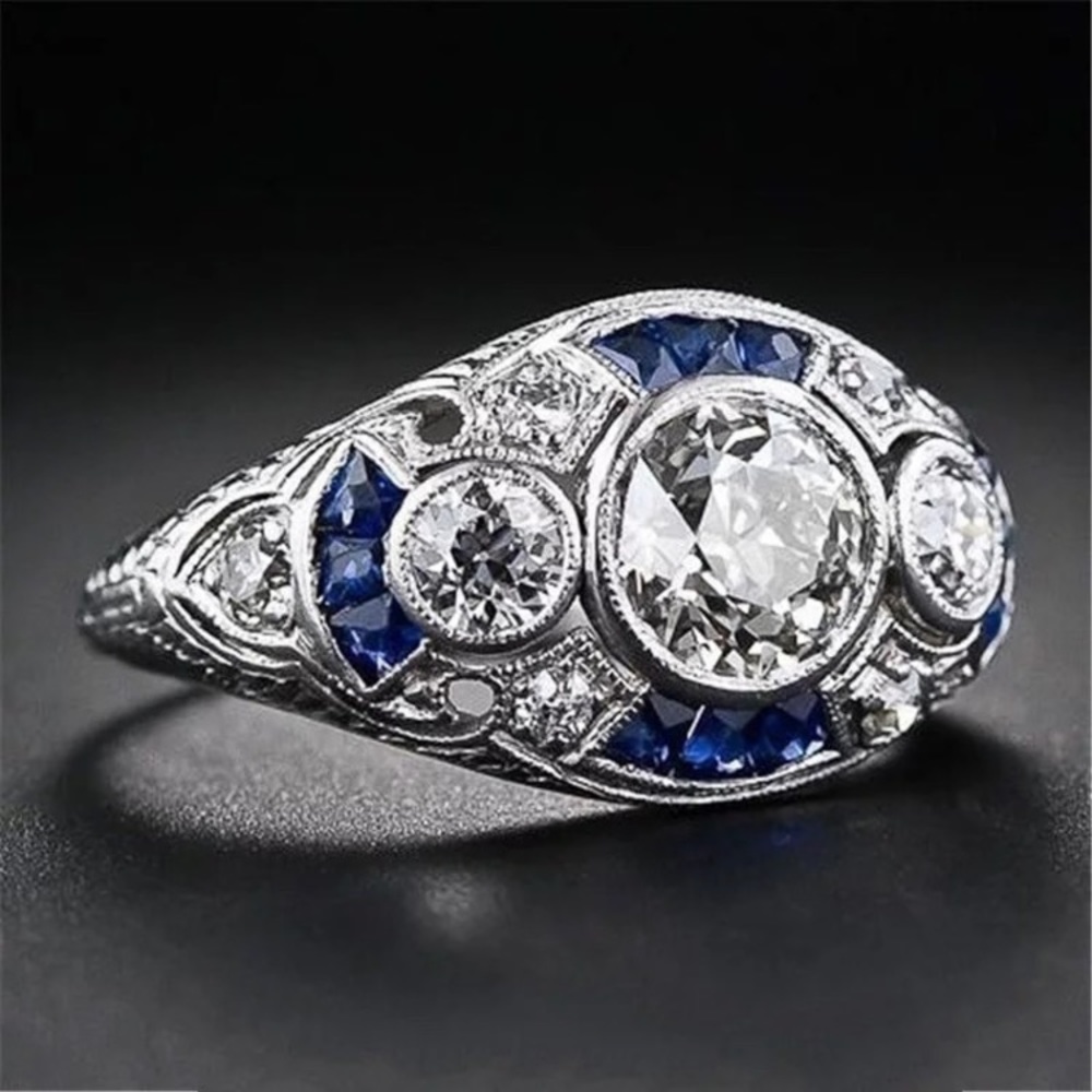 A 925 Sterling Art Deco Blue and White Sapphire Ring - Picture 3 of 16
